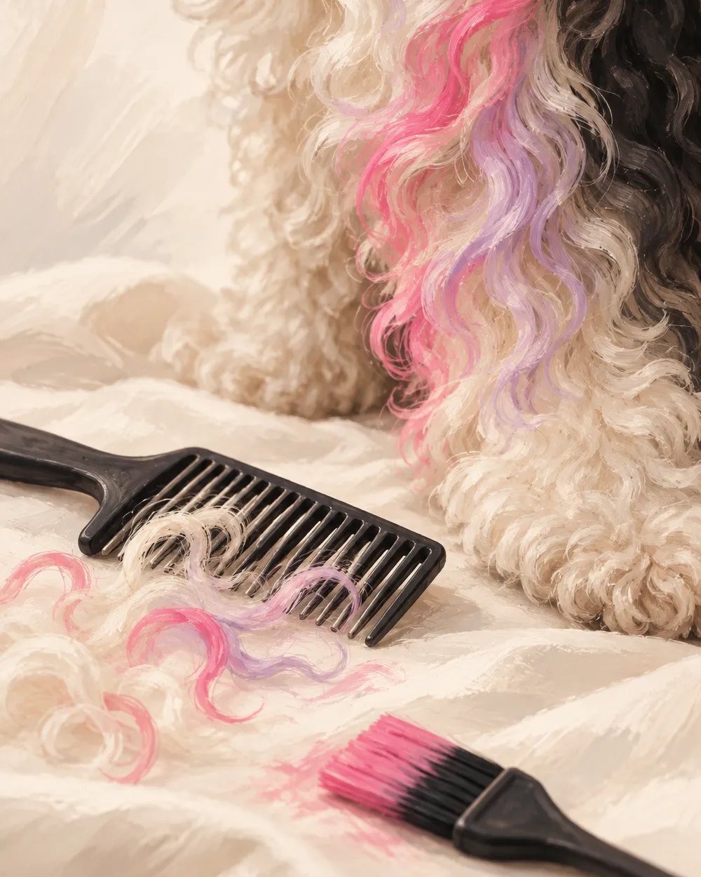 Illustrative close-up of a dog's fur in soft pink tones on a cream background, with a small brush and comb (not a photo of the salon).