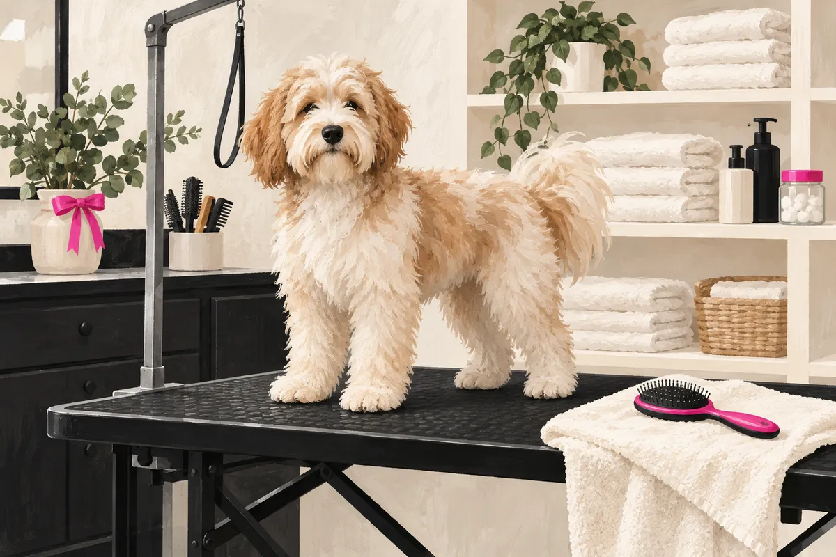 Illustrative grooming table with a fluffy dog being brushed, black table, cream and pink accents (not a photo of the salon).