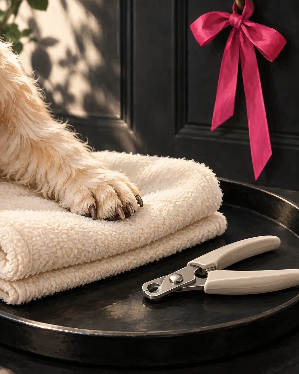 Illustrative paw resting on a cream towel while a small pair of trimmers waits nearby (not a photo of the salon).