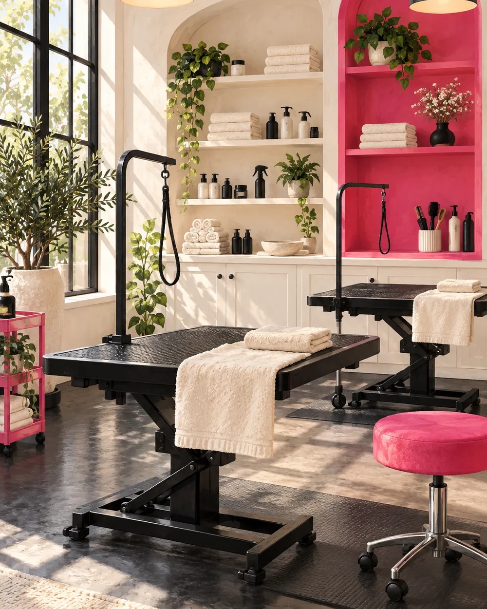 Illustrative dog grooming salon with black tables, cream towels and a hot pink shelf (not a photo of the salon).