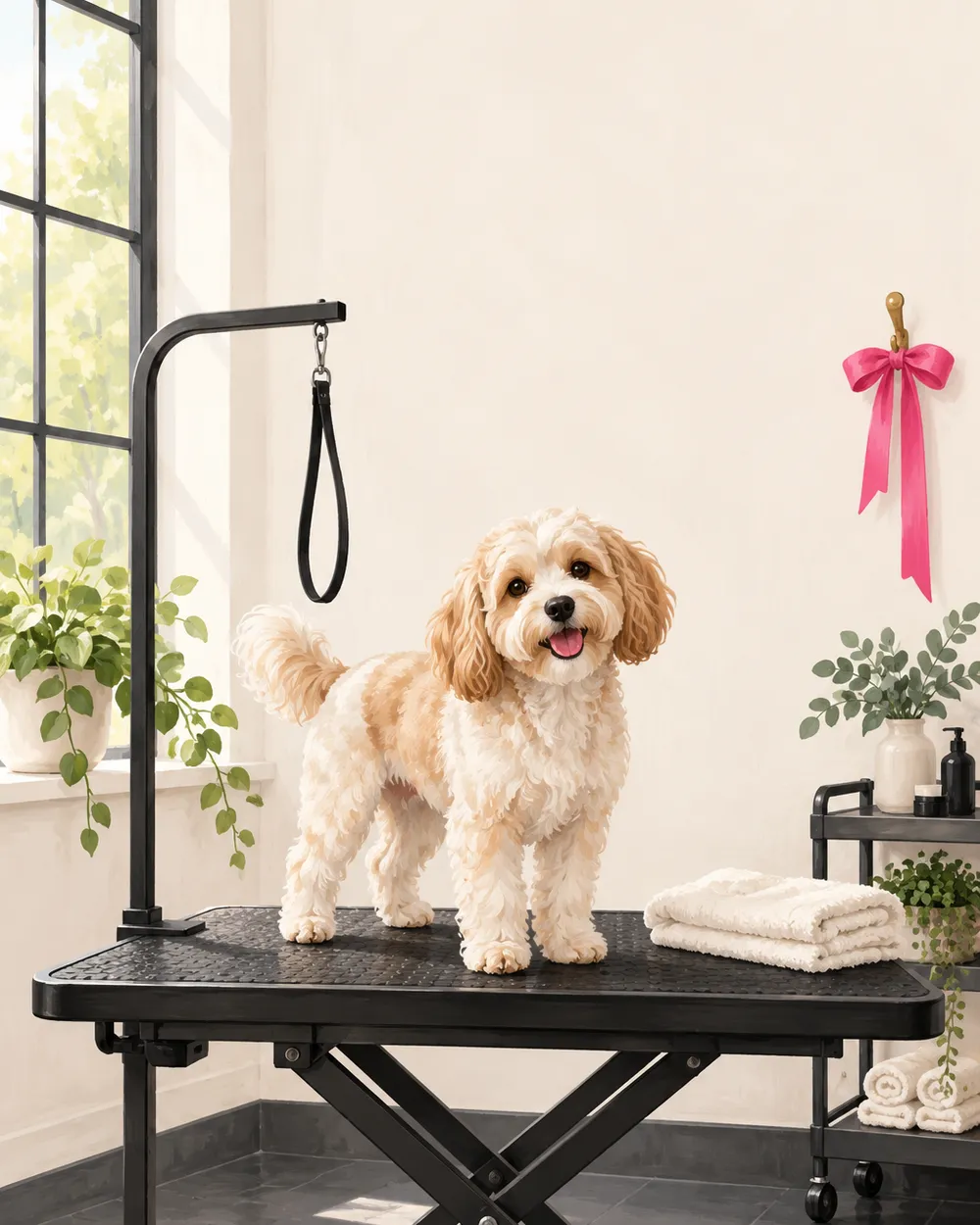 Illustrative grooming station with a small dog on a black table, a pink ribbon and cream towels, by a window (not a photo of the salon).